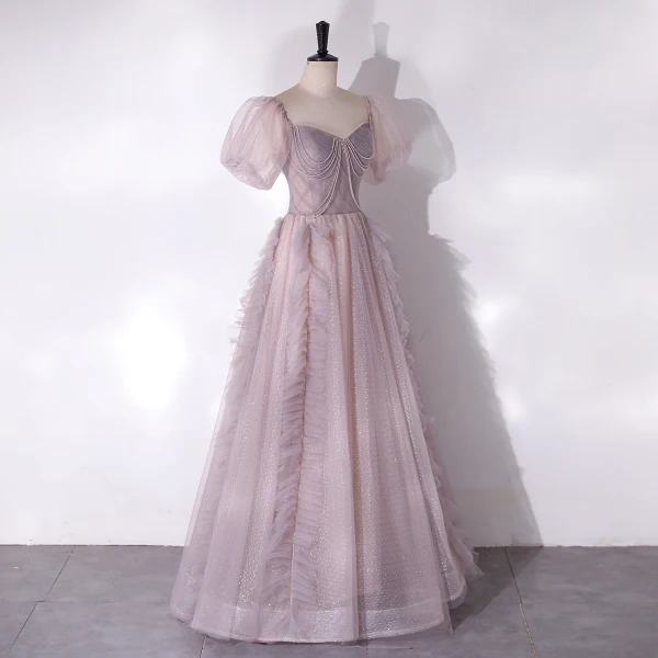 Chic / Beautiful Lavender Glitter Beading Prom Dresses 2024 A-Line / Princess Square Neckline Short Sleeve Backless Floor-Length / Long Prom Formal Dresses