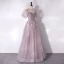 Chic / Beautiful Lavender Glitter Beading Prom Dresses 2024 A-Line / Princess Square Neckline Short Sleeve Backless Floor-Length / Long Prom Formal Dresses