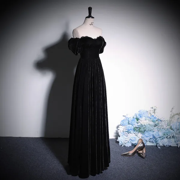 Chic / Beautiful Black Velvet Evening Dresses 2023 A-Line / Princess Off-The-Shoulder Short Sleeve Backless Floor-Length / Long Evening Party Formal Dresses