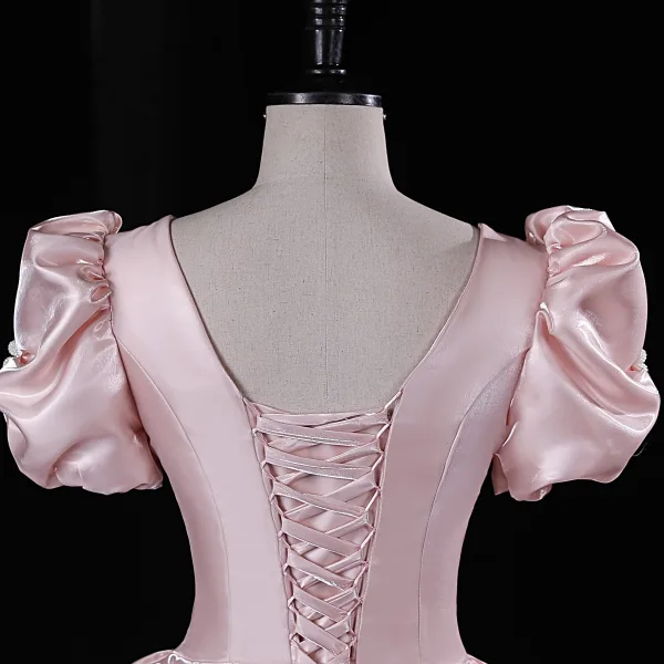 Lovely Blushing Pink Rhinestone Satin Prom Dresses 2023 Ball Gown Scoop Neck Puffy Short Sleeve Backless Floor-Length / Long Prom Formal Dresses