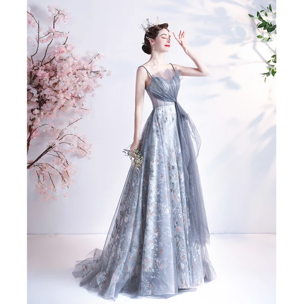Fashion Grey Pearl Rhinestone Sequins Prom Dresses 2021 A-Line / Princess Ruffle Spaghetti Straps Sleeveless Backless Floor-Length / Long Prom Formal Dresses
