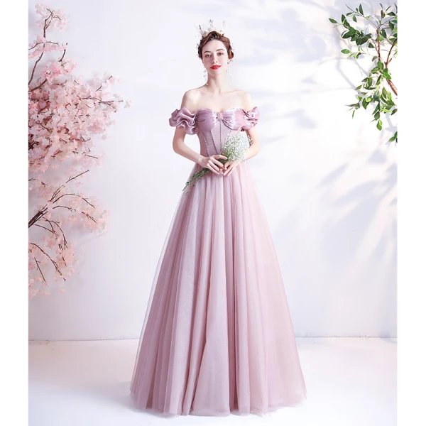 Elegant Dusky Pink Prom Dresses 2021 A-Line / Princess Off-The-Shoulder Glitter Beading Crystal Short Sleeve Backless Floor-Length / Long Prom Formal Dresses