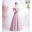Elegant Dusky Pink Prom Dresses 2021 A-Line / Princess Off-The-Shoulder Glitter Beading Crystal Short Sleeve Backless Floor-Length / Long Prom Formal Dresses
