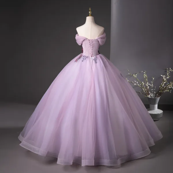 Elegant Lilac Beading Sequins Lace Flower Prom Dresses 2025 Ball Gown Off-The-Shoulder Short Sleeve Backless Floor-Length / Long Prom Formal Dresses