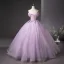 Elegant Lilac Beading Sequins Lace Flower Prom Dresses 2025 Ball Gown Off-The-Shoulder Short Sleeve Backless Floor-Length / Long Prom Formal Dresses