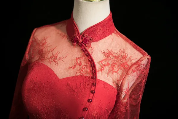 Vintage / Retro Burgundy Lace Flower Trumpet / Mermaid Prom Dresses 2025 High Neck Long Sleeve Floor-Length / Long Formal Dresses