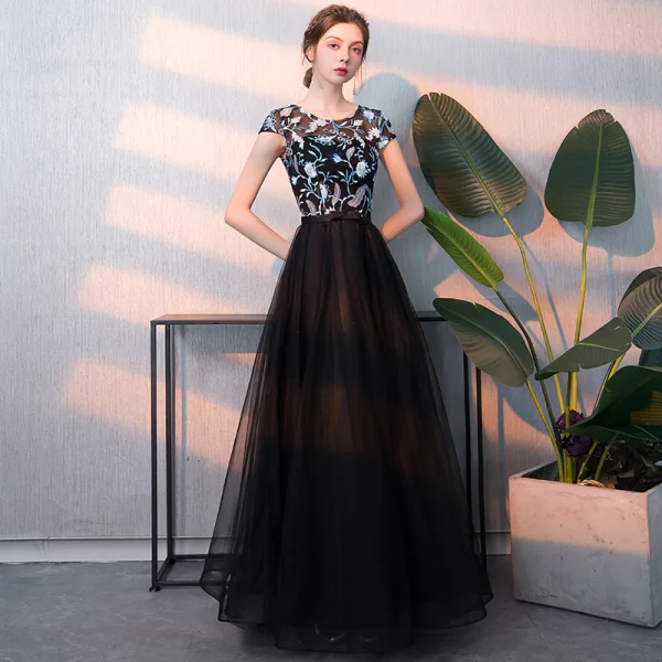 Elegant Black Prom Dresses 2018 A-Line / Princess Embroidered Scoop Neck Sleeveless Floor-Length / Long Formal Dresses