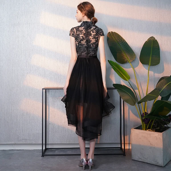 Elegant Black Cocktail Dresses 2018 A-Line / Princess Asymmetrical Rhinestone Embroidered High Neck Cap Sleeves Formal Dresses