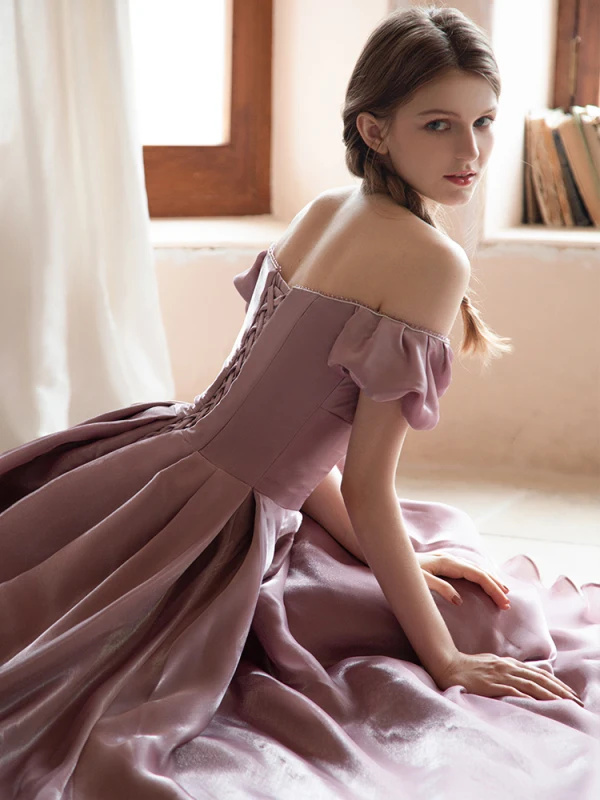 Vintage Lyserød Gallakjoler 2021 Prinsesse Off-The-Shoulder Kort Ærme Halterneck Lange Galla Kjoler
