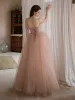 Chic / Beautiful Blushing Pink Pearl Prom Dresses 2021 A-Line / Princess Off-The-Shoulder Short Sleeve Backless Floor-Length / Long Prom Formal Dresses