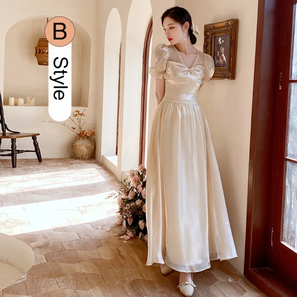 Chic / Beautiful Champagne Bow Bridesmaid Dresses 2021 A-Line / Princess Square Neckline Bell sleeves Floor-Length / Long Prom Wedding Party Dresses