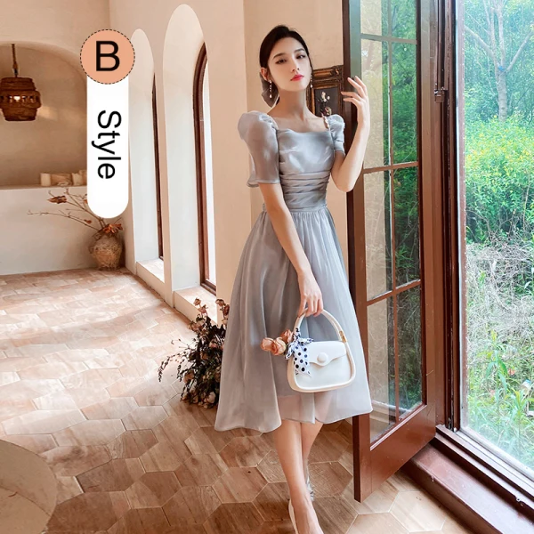 Modest / Simple Grey Bridesmaid Dresses 2021 A-Line / Princess Short Sleeve Bow Backless Tea-length Bridesmaid Wedding Party Dresses