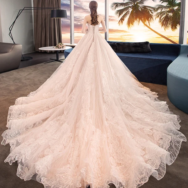 Elegant Champagne Brudekjoler Ballkjole 2018 Blonder Blomst Kjæreste Ryggløse Uten Ermer Royal Train Bryllup