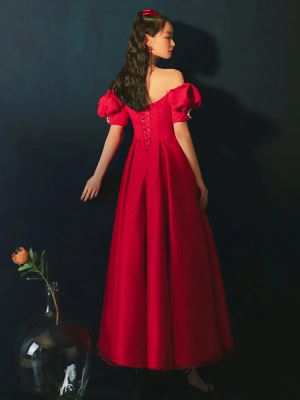 Chic / Beautiful Red Prom Dresses 2021 A-Line / Princess Off-The-Shoulder Beading Pearl Short Sleeve Backless Floor-Length / Long Prom Formal Dresses