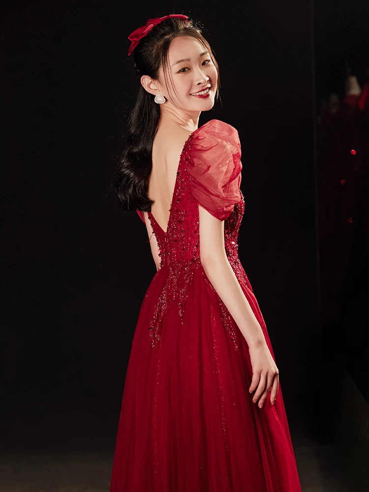 Charming Burgundy Prom Dresses 2021 A-Line Princess Deep V-Neck Beading Sequins Short