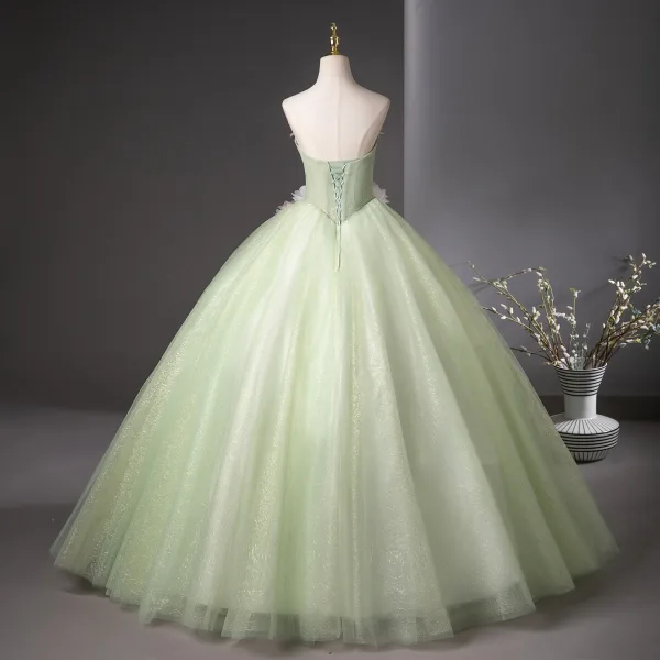 Classy Sage Green Beading Appliques Sequins Prom Dresses 2025 Ball Gown  Strapless Sleeveless Backless Floor-Length /