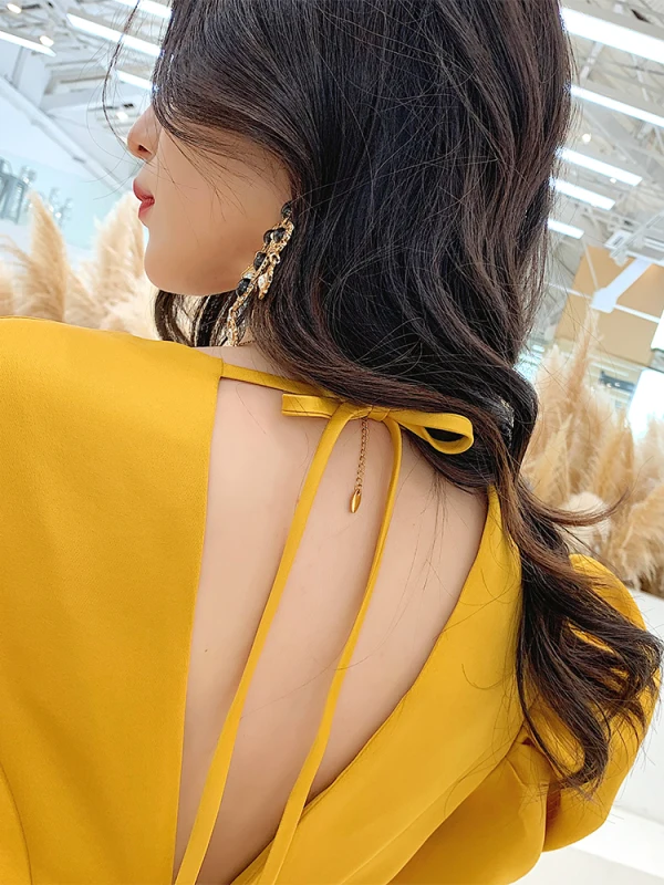 Vintage / Retro Yellow Prom Dresses 2021 A-Line / Princess V-Neck Puffy Short Sleeve Backless Bow Floor-Length / Long Prom Formal Dresses