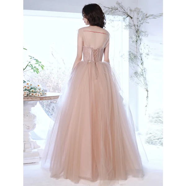 Charming Dusky Pink Prom Dresses 2021 A-Line / Princess Strapless Beading Pearl Sleeveless Backless Floor-Length / Long Prom Formal Dresses
