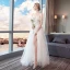 Chic / Beautiful Ivory Beach Wedding Dresses 2018 A-Line / Princess Beading Pearl Lace Flower Off-The-Shoulder Backless Sleeveless Split Front Floor-Length / Long Wedding