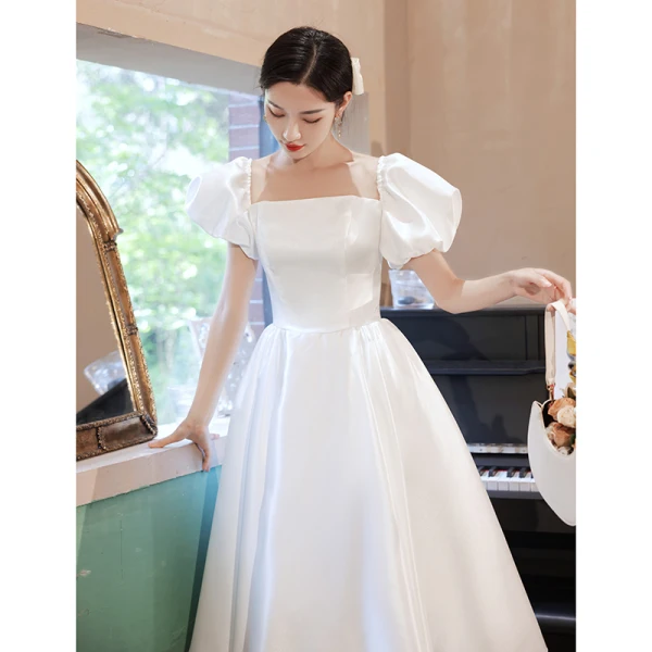 Modest / Simple Ivory Satin Homecoming Graduation Dresses 2021 A-Line / Princess Square Neckline Short Sleeve Backless Tea-length Formal Dresses Modest / Simple Ivory Satin Homecoming Graduation Dresses 2021 A-Line / Princess Square Neckline Short Sleeve Backless Tea-length Formal Dresses