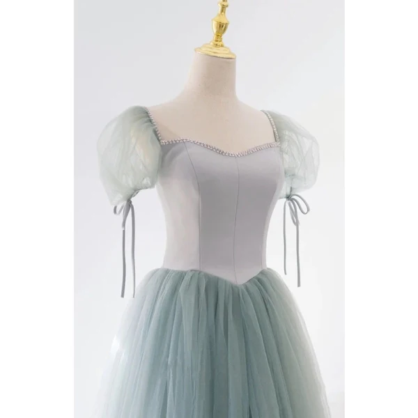 Vintage / Retro Sage Green Prom Dresses 2021 A-Line / Princess Square Neckline Rhinestone Puffy Short Sleeve Floor-Length / Long Prom Formal Dresses