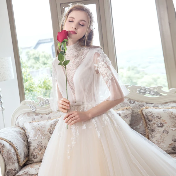 Luxe Champagne Robe De Mariée 2018 Princesse Transparentes Perlage Cristal Faux Diamant En Dentelle Fleur Noeud Encolure Dégagée Dos Nu 1/2 Manches Train De Balayage Mariage