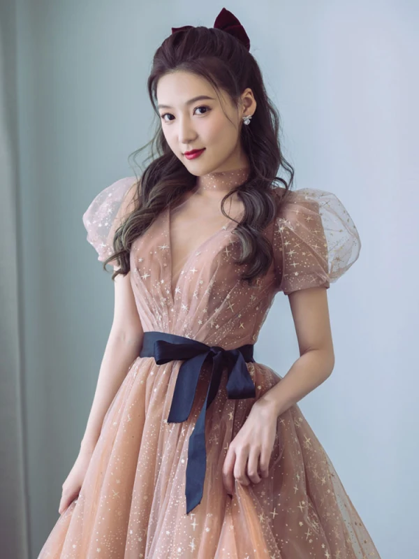 Fashion Champagne Prom Dresses 2021 A-Line / Princess High Neck Star Lace Puffy Short Sleeve Bow Floor-Length / Long Prom Formal Dresses