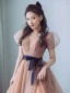 Fashion Champagne Prom Dresses 2021 A-Line / Princess High Neck Star Lace Puffy Short Sleeve Bow Floor-Length / Long Prom Formal Dresses