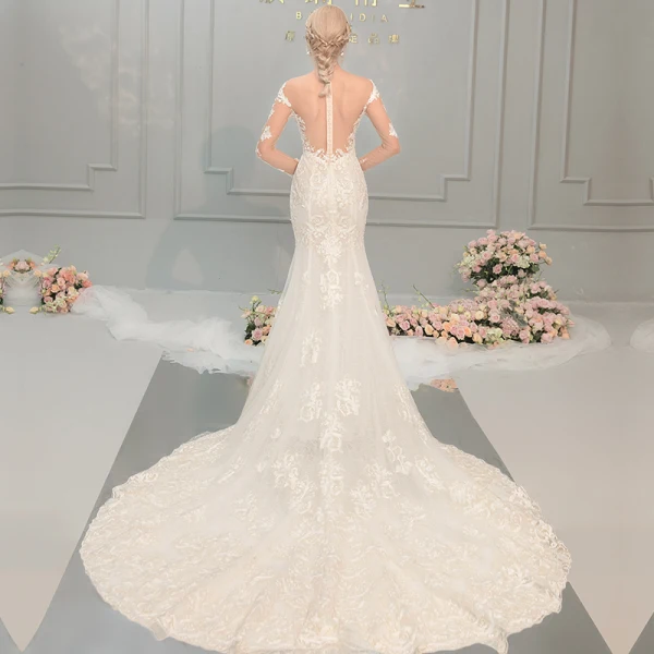 Sexy Champagne Wedding Dresses 2018 Trumpet / Mermaid Lace Flower Pearl Scoop Neck Long Sleeve Chapel Train Wedding