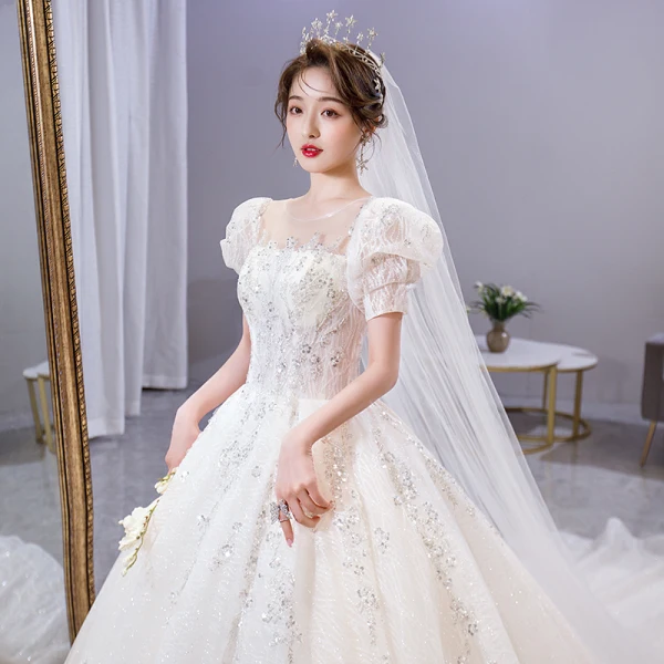 Vintage / Retro Ivory Beading Sequins Lace Flower Wedding Dresses 2021 Ball Gown Scoop Neck Short Sleeve Backless Royal Train Wedding