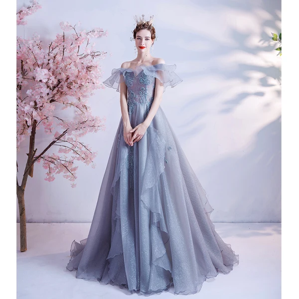 Moderne / Mode Bleu Ciel Volants en Cascade Robe De Bal Bretelles croisées 2021 Princesse De l'épaule Perlage Cristal Perle Faux Diamant Manches Courtes Dos Nu Longue Promo Robe De Ceremonie