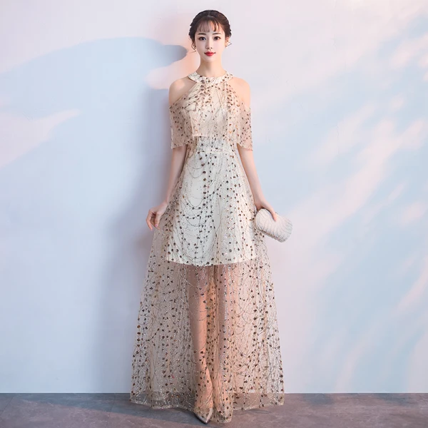 Sexy Champagne Evening Dresses  2018 A-Line / Princess Glitter Sequins Scoop Neck Strapless Sleeveless Floor-Length / Long Formal Dresses