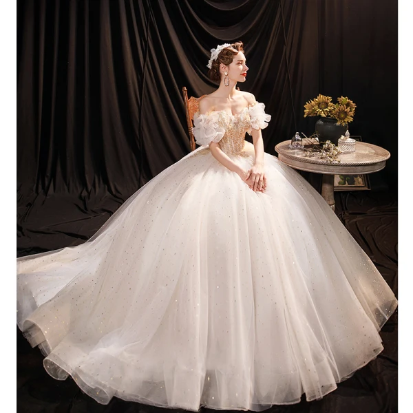 Affordable Charming Ivory Beading Pearl Sequins Wedding Dresses 2021 Ball Gown Off-The-Shoulder Ruffle Short Sleeve Backless Chapel Train Wedding