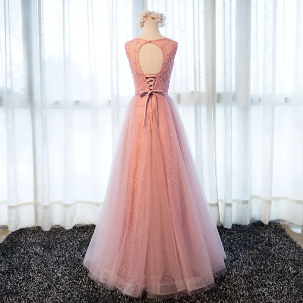 Schöne Pink Ballkleider 2018 A Linie Schleife Perle Stoffgürtel Rundhalsausschnitt Rückenfreies Ärmellos Lange Festliche Kleider