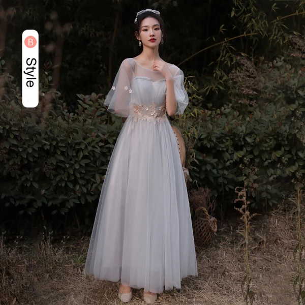 Chic / Beautiful Grey Bridesmaid Dresses 2021 A-Line / Princess Scoop Neck Lace Flower 1/2 Sleeves Backless Floor-Length / Long Bridesmaid Wedding Party Dresses