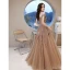 Sparkly Champagne Beading Sequins Prom Dresses 2021 A-Line / Princess Off-The-Shoulder Short Sleeve Backless Floor-Length / Long Formal Dresses