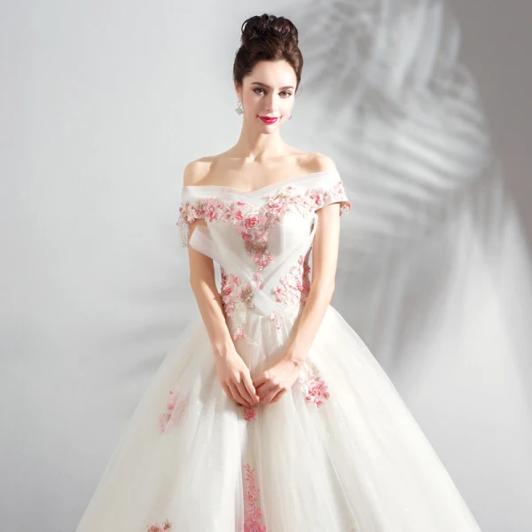 Chic / Beautiful White Wedding Dresses 2018 Ball Gown Appliques Lace Embroidered Pearl Off-The-Shoulder Backless Sleeveless Chapel Train Wedding