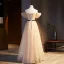 Chic / Beautiful Champagne Prom Dresses 2021 A-Line / Princess Off-The-Shoulder Sash Sequins Pearl Short Sleeve Backless Floor-Length / Long Prom Formal Dresses