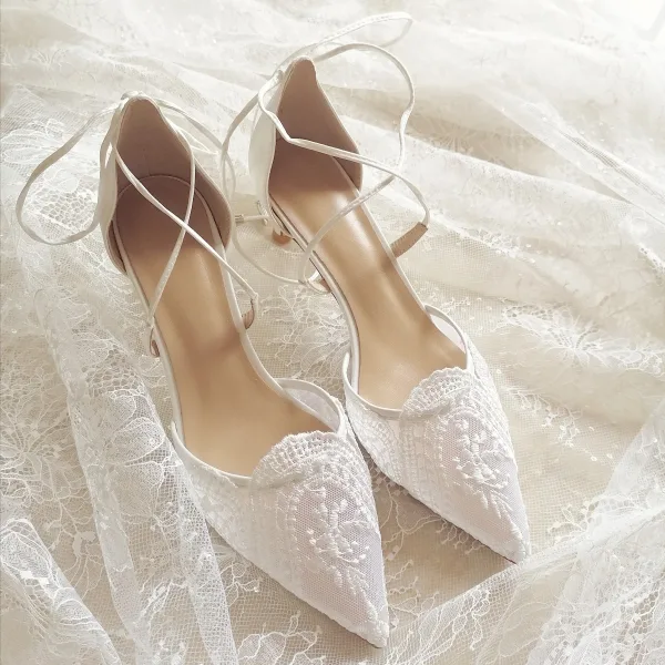 Chic / Belle Blanche Dentelle Fleur Chaussure De Mariée 2021 6 cm Talons Aiguilles À Bout Pointu Mariage Talons Hauts