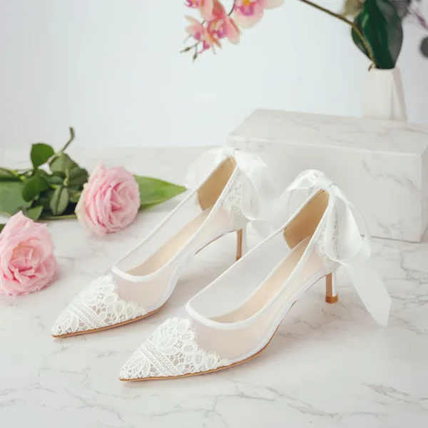 Elegant White Lace Flower Wedding Shoes 2021 Leather Bow 6 cm Stiletto Heels Pointed Toe Wedding Pumps High Heels