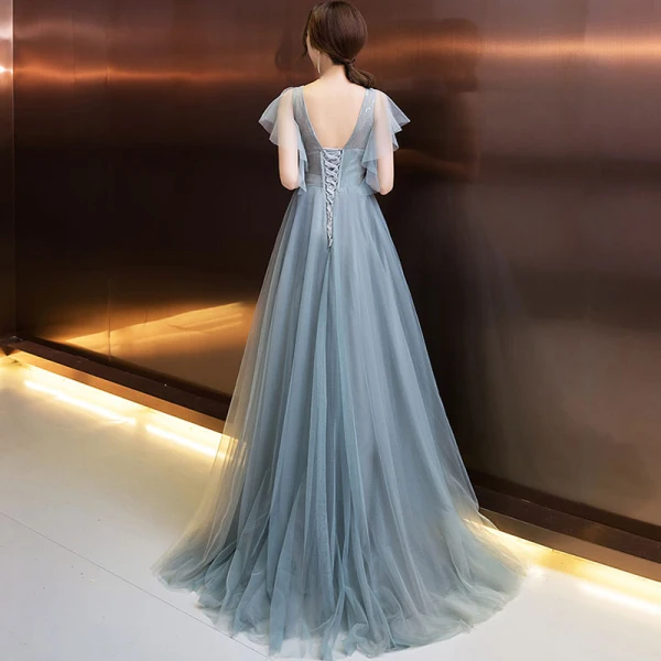 Elegant Evening Dresses 2018 A-Line / Princess Appliques Beading Crystal Pearl V-Neck Backless Short Sleeve Floor-Length / Long