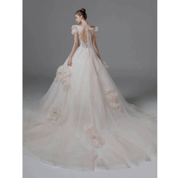 Moderne / Mode Ivoire Perle Robe De Mariée 2021 Robe Boule Encolure Carrée Gonflée Manches Courtes Dos Nu Noeud Royal Train Mariage