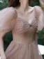 Chic / Belle Rose Sombre de retour Robe De Graduation 2021 Princesse Noeud Encolure Carrée Gonflée Manches Courtes Dos Nu Thé Longueur Robe De Ceremonie