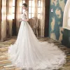 Modern / Fashion Ivory Wedding Dresses 2018 A-Line / Princess Lace Flower Appliques Spaghetti Straps Backless Sleeveless Chapel Train Wedding
