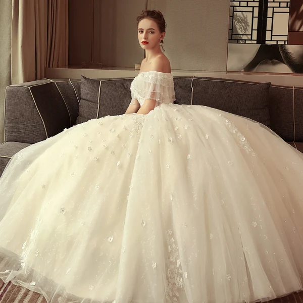 Elegant Champagne Wedding Dresses 2018 Ball Gown Lace Appliques Beading Pearl Sequins Off-The-Shoulder Sleeveless Backless Floor-Length / Long Wedding