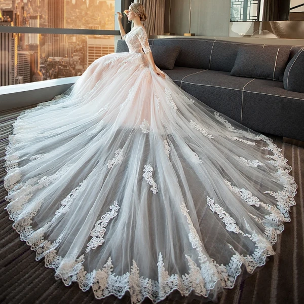 Modern / Fashion Pearl Pink Wedding Dresses 2018 A-Line / Princess Appliques Lace Scoop Neck Backless 1/2 Sleeves Cathedral Train Wedding