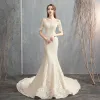 Chic / Beautiful Champagne Wedding Dresses 2018 Trumpet / Mermaid Lace Scoop Neck Backless Short Sleeve Chapel Train Wedding