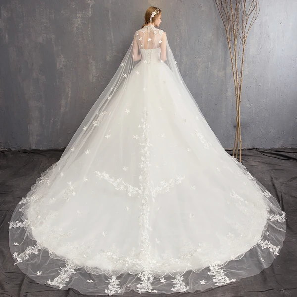 Charming White Wedding Dresses 2018 Ball Gown Lace Appliques Beading Crystal Pearl High Neck Sleeveless Backless Watteau Train Wedding