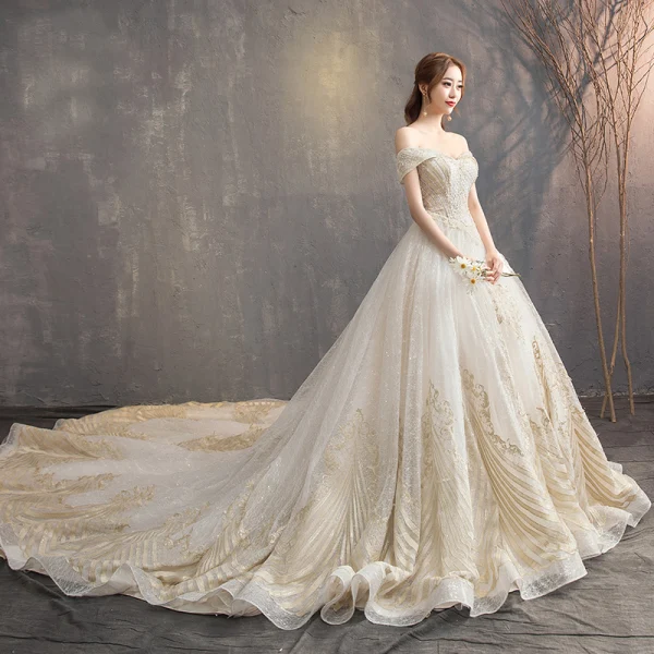 Luxury / Gorgeous Champagne Wedding Dresses 2018 A-Line / Princess Lace Beading Crystal Sequins Off-The-Shoulder Backless Sleeveless Royal Train Wedding