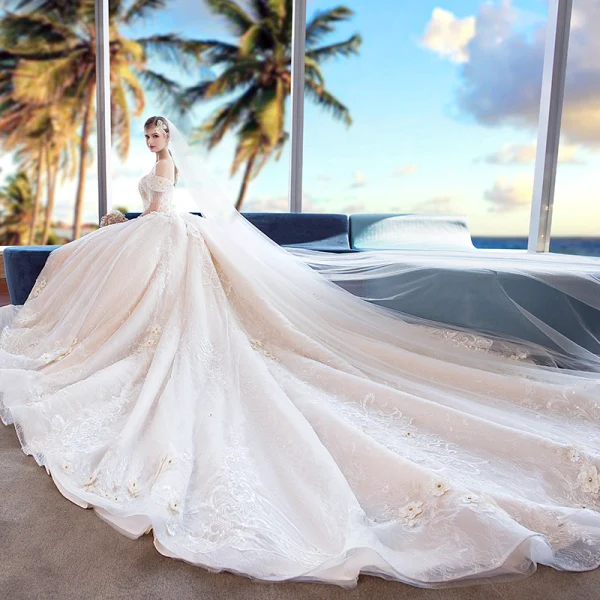 Luxury / Gorgeous Champagne Wedding Dresses 2018 Ball Gown Appliques Lace Beading Tassel Crystal Pearl Rhinestone Sequins Off-The-Shoulder Backless Sleeveless Royal Train Wedding